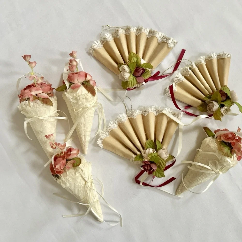 Vtg‎ Victorian Style Set Of 7 Christmas Ornaments Velvet Lace Ribbon Cream Rose